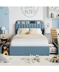 gaomon Full Bed Frame with Storage Headboard, Kids 2 Drawers, Boucle Upholstered Platform Bookcase, No Box Spring Needed