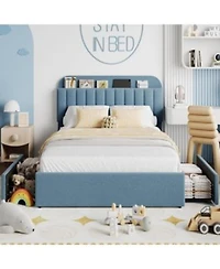 Gaomon Full Bed Frame With Storage Headboard Kids Bed Frame With 2 Drawers Boucle Upholstered Platform Bed With Bookcase No Box Spring Needed