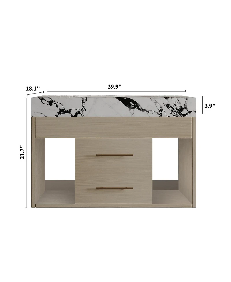 Sillysis 29.9" Floating Bathroom Vanity with Ceramic Sink, Sintered Stone Top, 2 Soft Close Drawers, Wall Mounted for Small Bathrooms