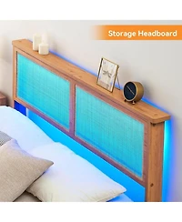 gaomon Rattan Bed Frame Wood Headboard Led Lights Wooden Slats Noise-Free Easy Assembly No Box Spring.