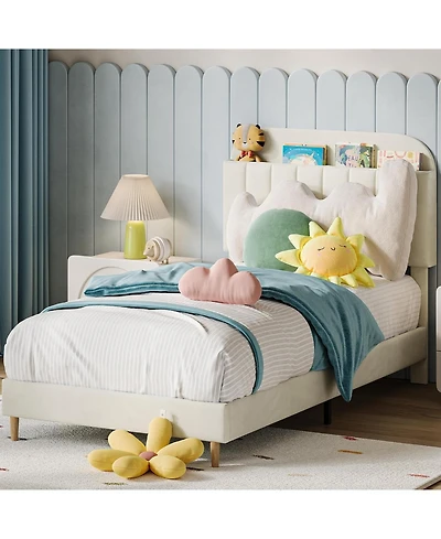 gaomon Upholstered Platform Bed Frame with Bookcase Headboard, Velvet Mattress Foundation,Heavy Duty Steel Support Legs.