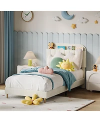 gaomon Storage Headboard, Velvet Upholstered Platform Blue Bedframe for Kids, Girl Bed, Strong Wooden Slats, Noise-Free