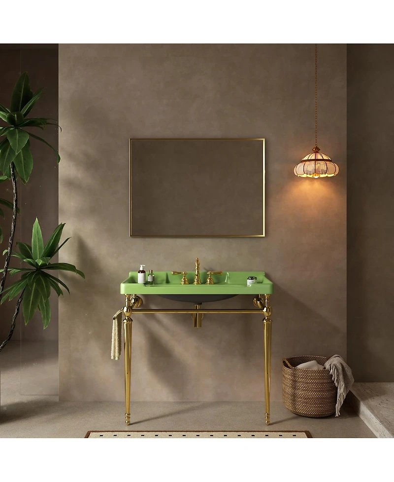 Sillysis 36" Bathroom Console Sink with Green Ceramic Vanity, Wall Mounted Basin & Stainless Steel Legs, Towel Bar Included