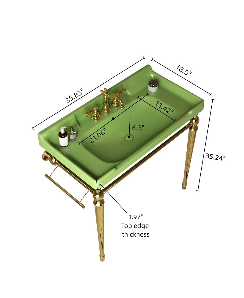 Sillysis 36" Bathroom Console Sink with Green Ceramic Vanity, Wall Mounted Basin & Stainless Steel Legs, Towel Bar Included