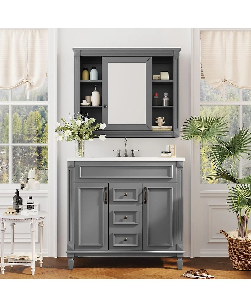Sillysis 36" Bathroom Vanity with Sink and Mirror, Modern Freestanding Solid Wood Cabinet Storage Drawers Ceramic Top-Sillysis