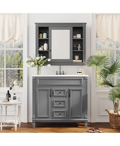 Sillysis 36" Bathroom Vanity with Sink and Mirror, Modern Freestanding Solid Wood Cabinet Storage Drawers Ceramic Top-Sillysis