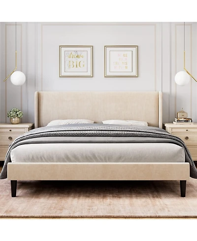 gaomon Queen Upholstered Platform Bed Wingback Headboard Velvet 2 Storage Pockets Wooden Slat Support Box Spring Optional