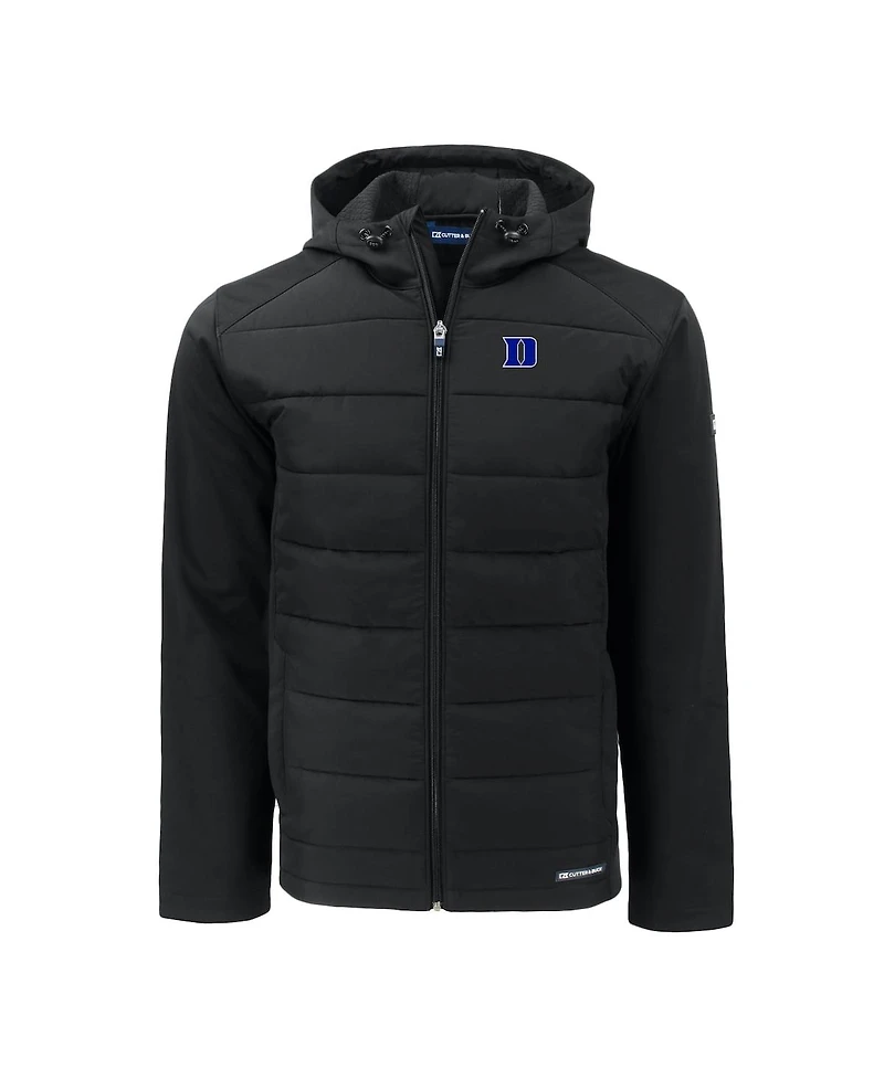 Cutter & Buck Men's Black Duke Blue Devils Evoke Hybrid Eco Softshell Full-Zip Hoodie Jacket