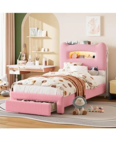 Gaomon Upholstered Twin Bed With Led Storage Headboard Charging Station Drawer Heavy Duty Metal Slats Kids Teens Platform Bed No Box Spring