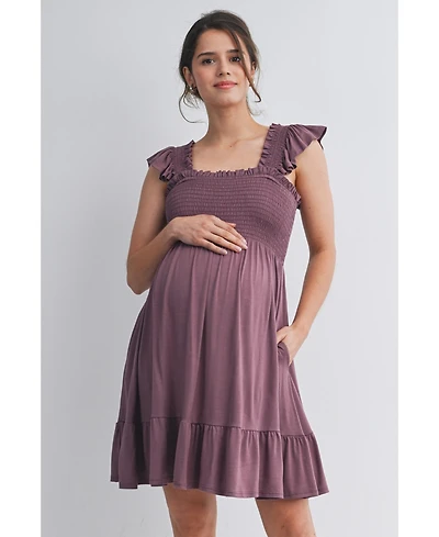 Hello Miz Maternity Empire Waist Cap Sleeve Smocked Dress with Ruffle Hem