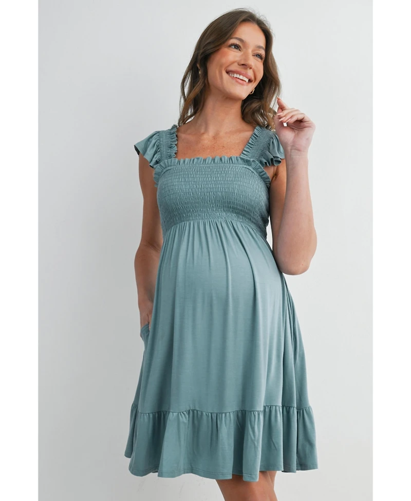 Hello Miz Maternity Empire Waist Cap Sleeve Smocked Dress with Ruffle Hem
