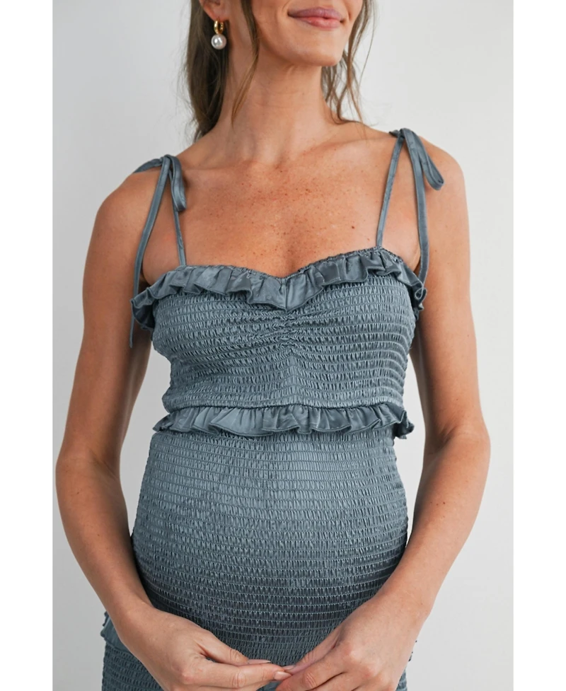 Hello Miz Maternity Smocked Bodycon Midi Dress with Ruffle Trim and Tie Straps