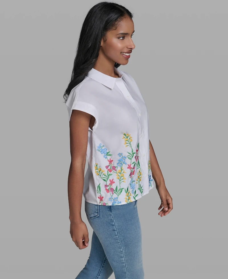 Karl Lagerfeld Paris Women's Short-Sleeve Embroidered Flower Top
