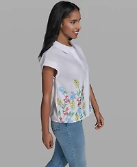 Karl Lagerfeld Paris Women's Short-Sleeve Embroidered Flower Top