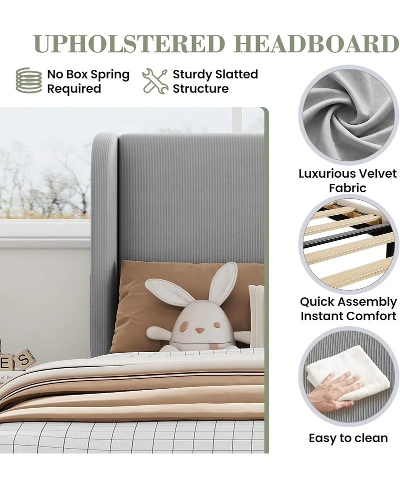 gaomon Twin Wingback Bed Frame Vertical Stripe Velvet Upholstered 2 Storage Pockets Wood Slats No Box Spring