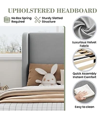 gaomon Twin Wingback Bed Frame Vertical Stripe Velvet Upholstered 2 Storage Pockets Wood Slats No Box Spring