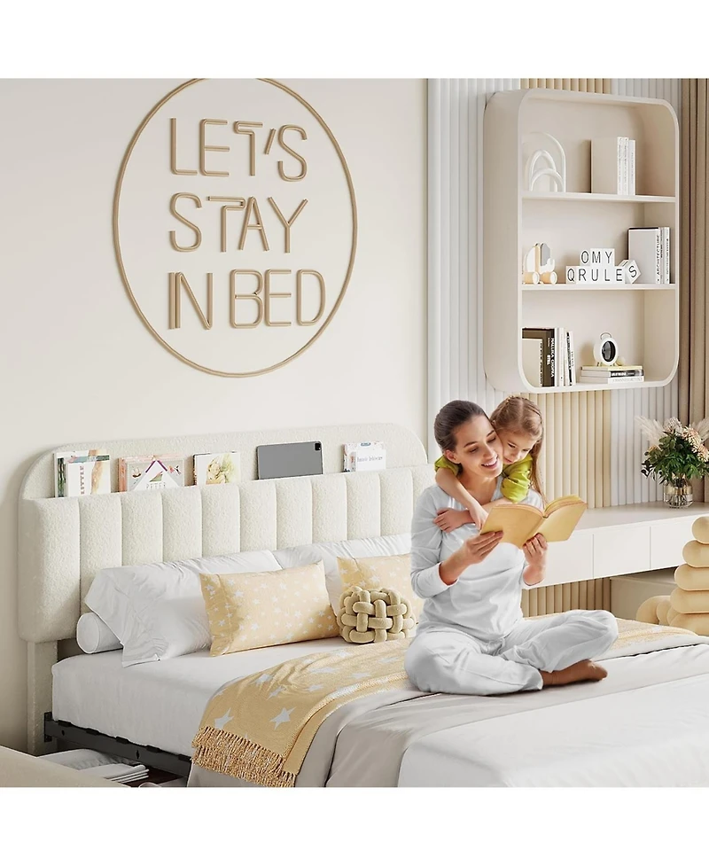 gaomon Full Bed Frame Storage Headboard 2 Drawers Boucle Upholstered Platform Bookcase Easy Assembly No Box Spring