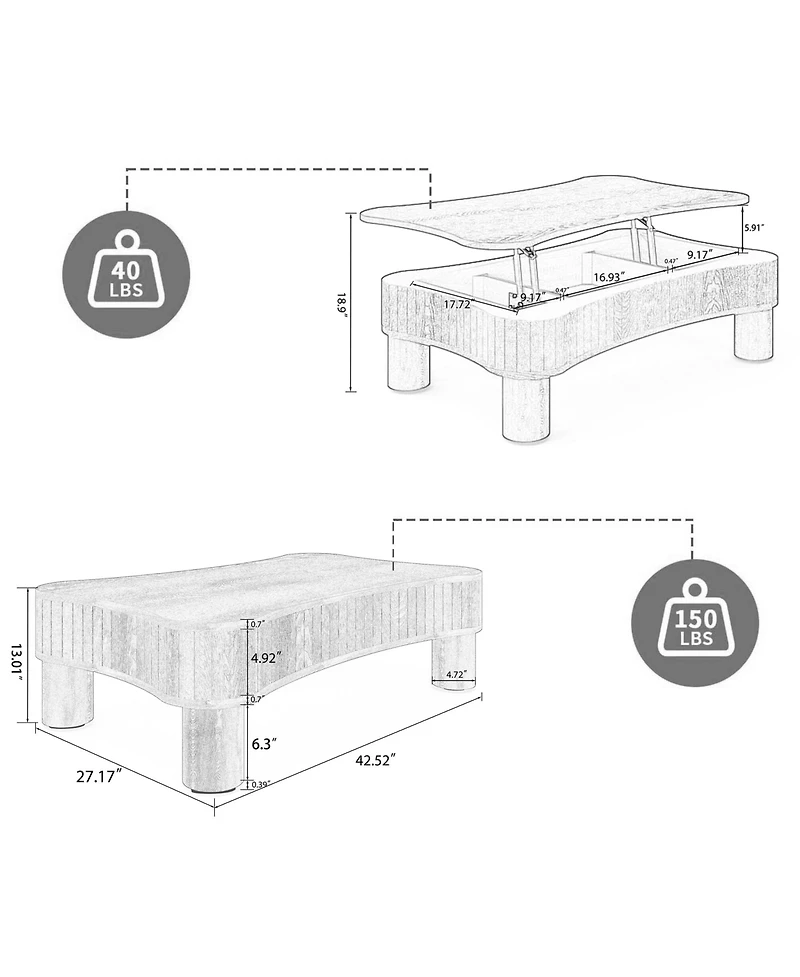 Rainsken Lift Top Coffee Table - Fluted-Panel Wooden Center Table, Hidden Storage, Silent Hydraulic Lift, Curved Corners for Living Room