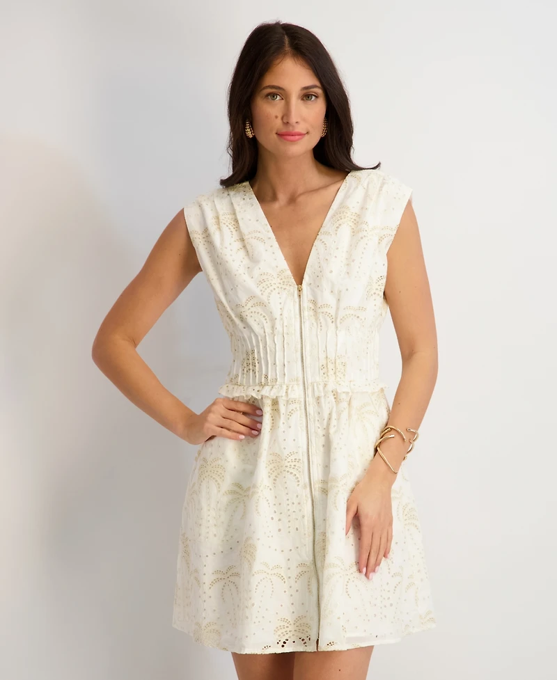 kensie Women's Eyelet V-Neck Short Dress