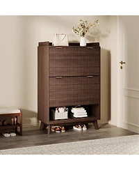 gaomon Fluted Shoe Storage Cabinet for Entryway with 2 Flip Drawers and Adjustable Shelves 48 inch Tall Freestanding Narrow Wood Shoe Cabinet