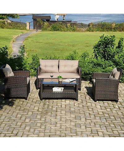 Costway 4PCS Outdoor Rattan Furniture Set Cushioned Sofa Armrest Chair Lower Shelf