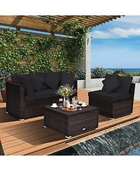 Costway 4PCS Patio Rattan Wicker Furniture Set Cushioned Sofa Ottoman Garden Deck