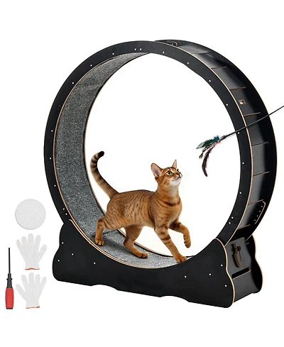 Cozito 48" Wooden Cat Exercise Wheel with Carpeted Runway and Locking Mechanism