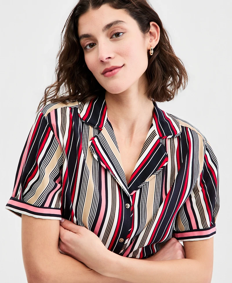 Nautica Women's Striped Puff-Sleeve Camp Shirt