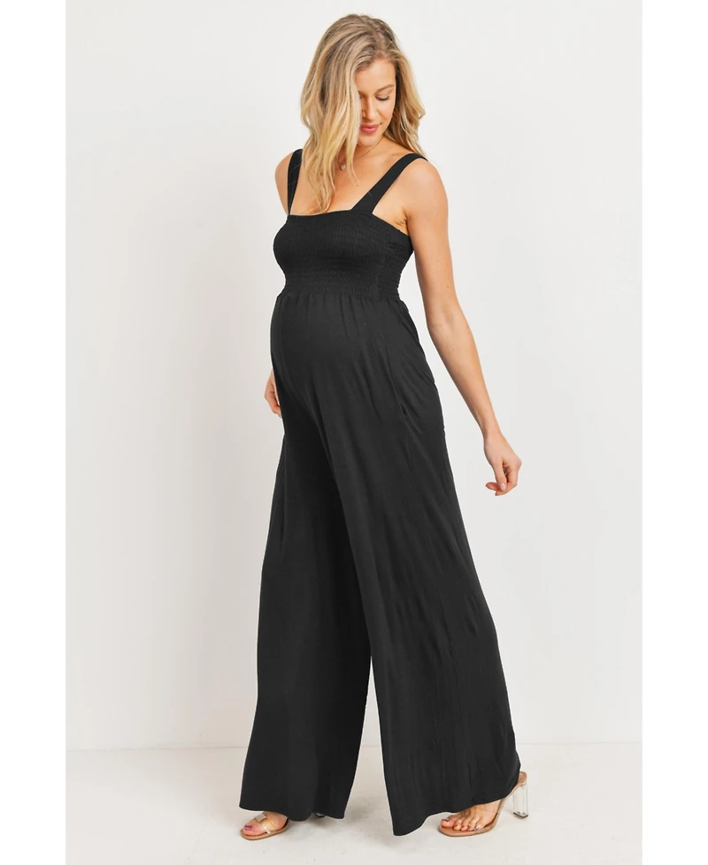 Hello Miz Maternity Sleeveless Smocked Bodice Wide-Leg Jumpsuit with Pockets
