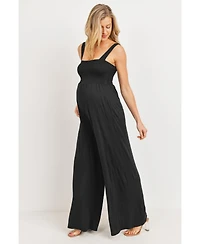 Hello Miz Maternity Sleeveless Smocked Bodice Wide-Leg Jumpsuit with Pockets