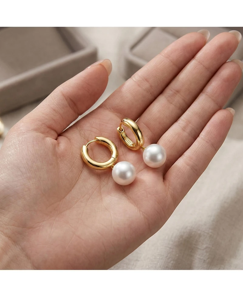 Sterling Silver 14k Yellow Gold Plated White Pearl Drop Huggie Hoop Earrings