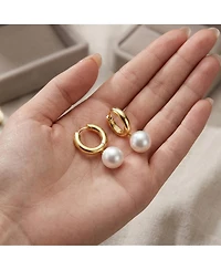 Sterling Silver 14k Yellow Gold Plated White Pearl Drop Huggie Hoop Earrings