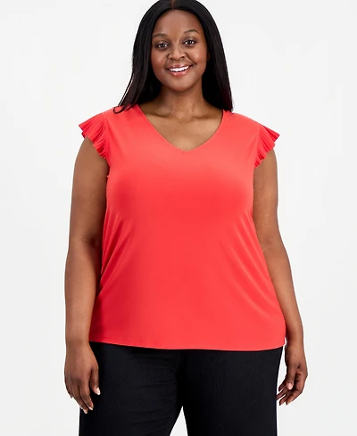 Anne Klein Essentials Plus Ruffle-Sleeve V-Neck Top