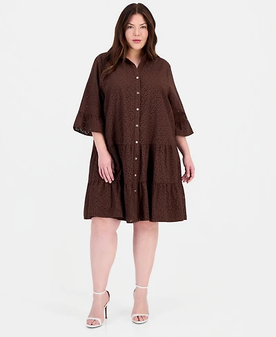 Anne Klein Plus Stand-Collar Tiered Cotton Shirtdress