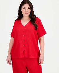 Anne Klein Plus V-Neck Button-Front Short-Sleeve Top