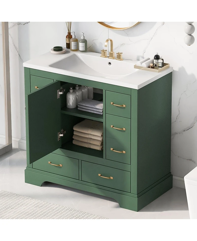 Sillysis Bathroom Vanity with Sink, Solid Wood Cabinet, 6 Drawers & Adjustable Shelf for Modern Storage