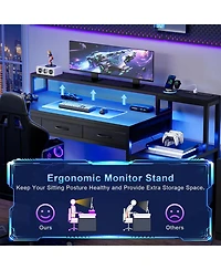 Homlux 61" Modern Computer Lap Desk Table w/Storage Drawer, Monitor Stand, Charging Station, Side Pocket