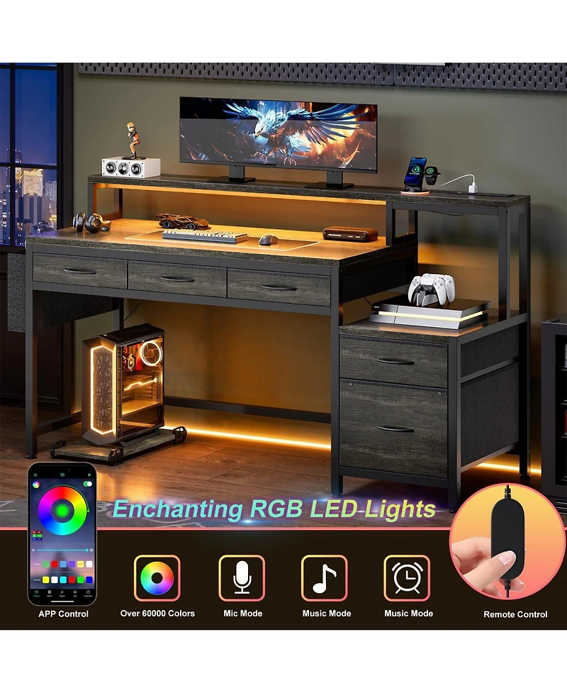 Homlux 61" Modern Computer Lap Desk Table w/Storage Drawer, Monitor Stand, Charging Station, Side Pocket