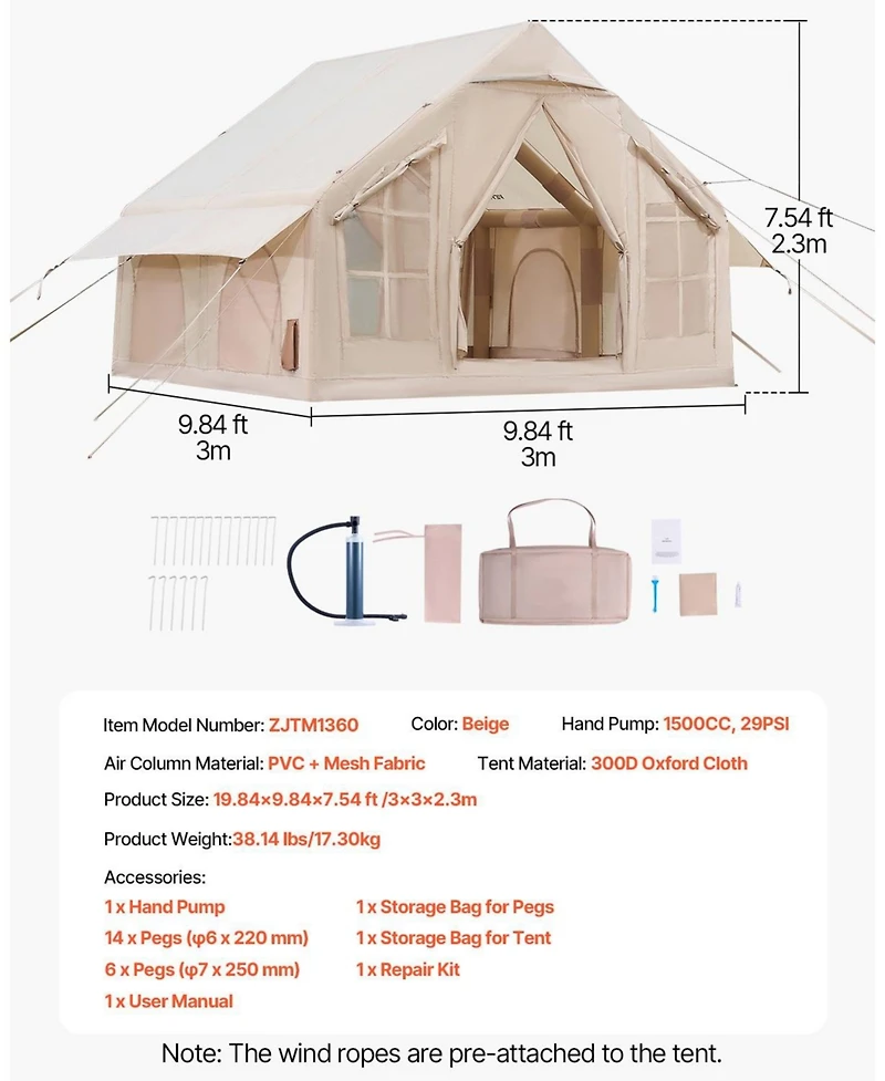 Mecale Inflatable Camping Tent, 4-6 Person, Hand Pump Included, 300D Oxford 4-Season Tent with Stove Jack, 2 Doors, 4 Mesh Windows