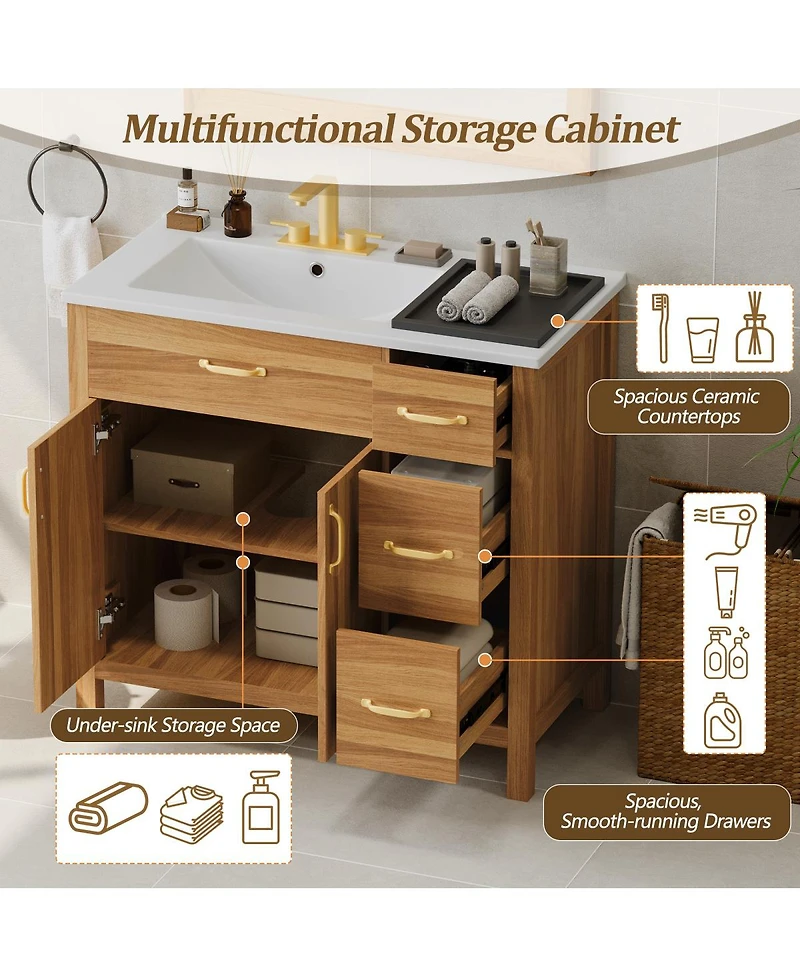 Sillysis 36 Inch Wood Bathroom Vanity with Ceramic Sink, Solid Wood Frame, Soft Close Storage Drawers for Small Bathrooms