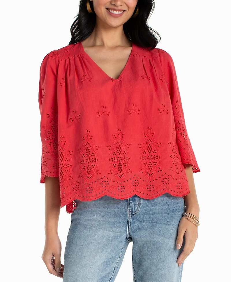 Liverpool Los Angeles Petite V-Neck Eyelet Woven Top