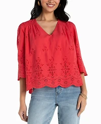 Liverpool Los Angeles Petite V-Neck Eyelet Woven Top