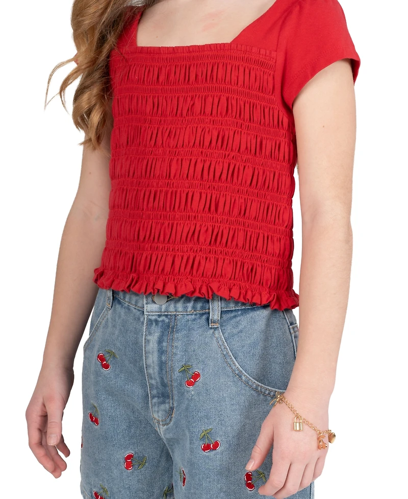Tween Diva Girls' 7-16 2Smocked Top and Cherry Embroidered Denim Short, 2-Piece Set