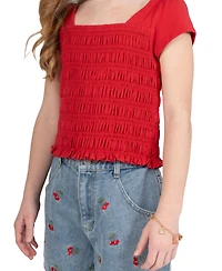 Tween Diva Girls' 7-16 2Smocked Top and Cherry Embroidered Denim Short, 2-Piece Set