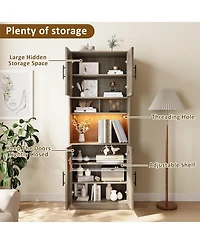 gaomon Tall Pantry Cabinet with Countertop, Kitchen Cabinets with Led Light Strip & Microwave Shelf