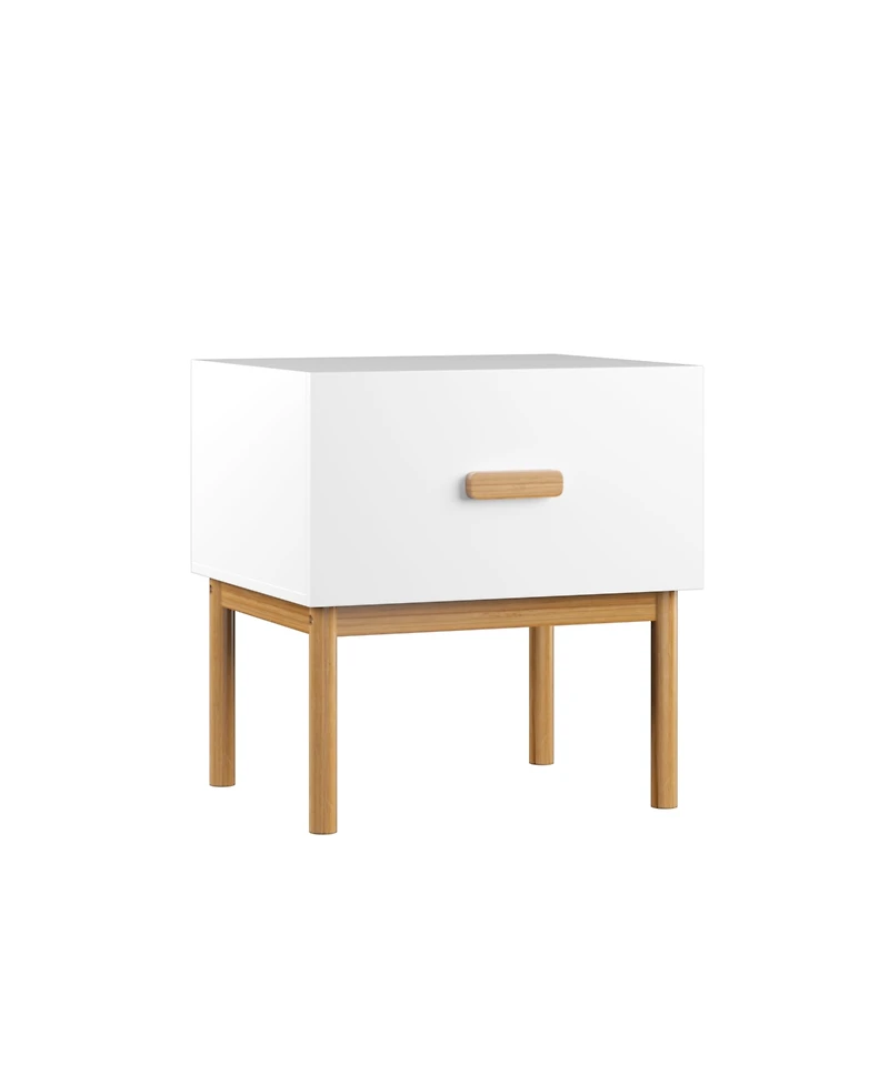 Rainsken Modern Minimalist Nightstand, White Bedside Table with Drawer, Handle and Wood Legs for Bedroom, Living Room, or Apartment