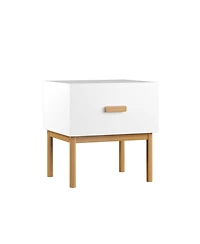 Rainsken Modern Minimalist Nightstand, White Bedside Table with Drawer, Handle and Wood Legs for Bedroom, Living Room, or Apartment