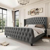 gaomon Bed Frame Deep Button Tufted Wingback Headboard Velvet Upholstered Platform No Box Spring Easy Assembly