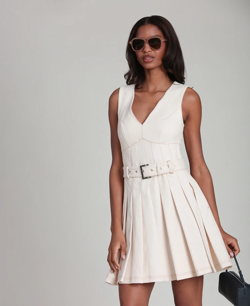 Avec Les Filles Women's V-Neck Belted Pleated Mini Dress