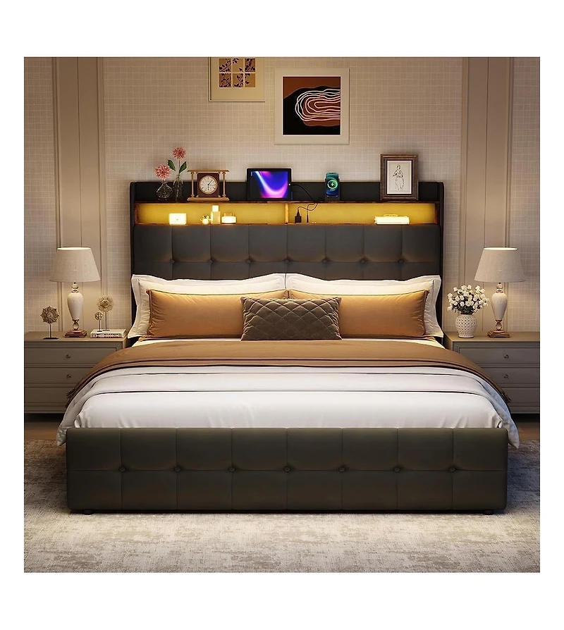 gaomon Full Bed Frame with 2 Storage Drawers, Upholstered Led Light